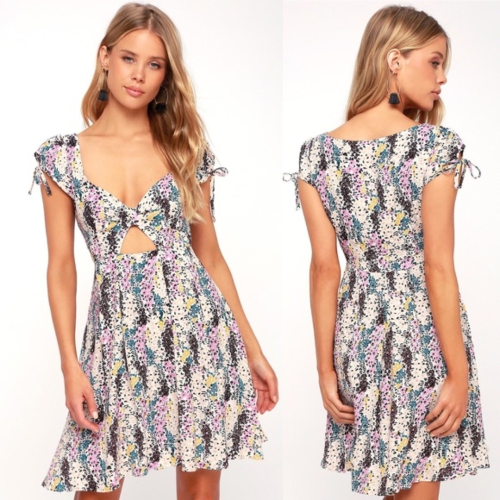 Free People Miss Right Floral Cutout Mini Dress Sundress Ivory Size Large NEW